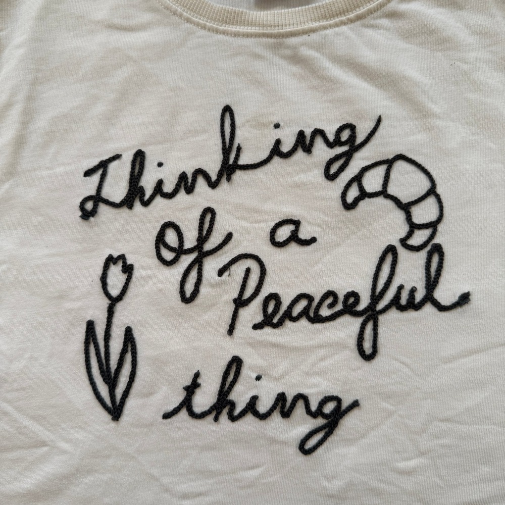 Zara Graphic T-Shirt‎ Kids 8-9 Cream Good Peaceful Thing Embroidered Croissant - Picture 6 of 8